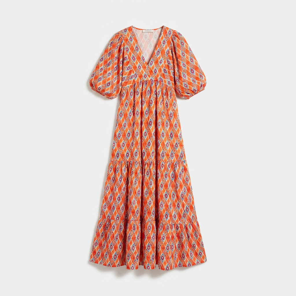 Rivaclo | Women's Vintage Printed V-Neck Dress – Fluid Maxi Bohemian Look