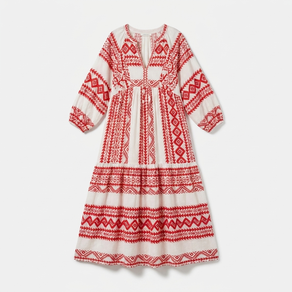 Rivaclo | Women's Vintage Printed V-Neck Dress – Fluid Maxi Bohemian Look