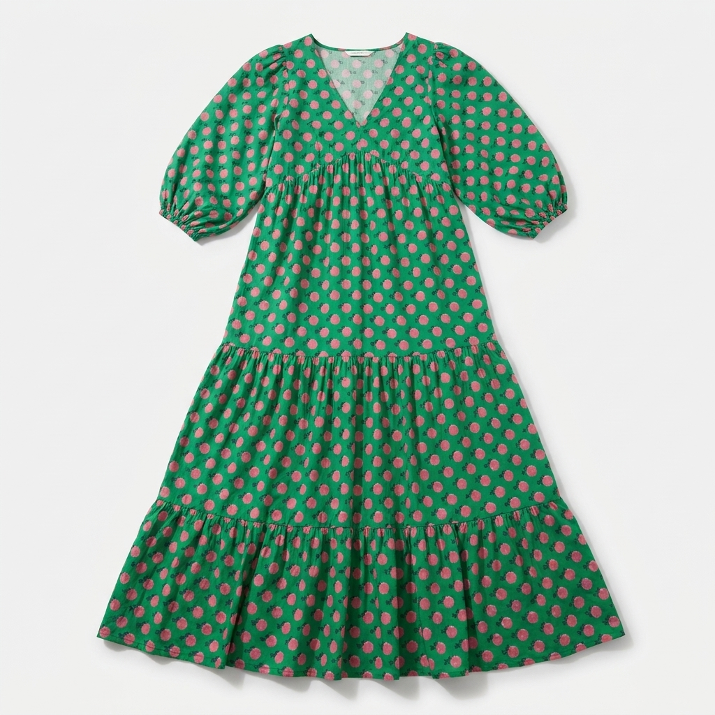 Rivaclo | Women's Vintage Printed V-Neck Dress – Fluid Maxi Bohemian Look
