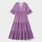 Rivaclo | Women's Vintage Printed V-Neck Dress – Fluid Maxi Bohemian Look