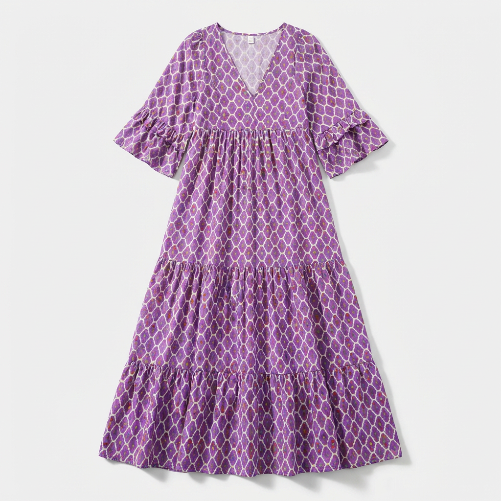 Rivaclo | Women's Vintage Printed V-Neck Dress – Fluid Maxi Bohemian Look