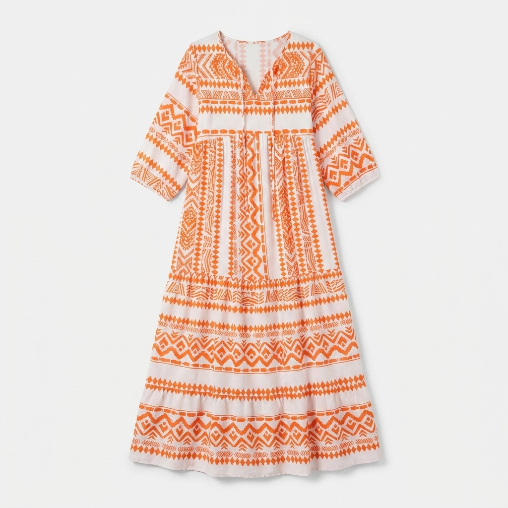 Rivaclo | Women's Vintage Printed V-Neck Dress – Fluid Maxi Bohemian Look