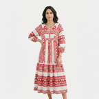 Rivaclo | Women's Vintage Printed V-Neck Dress – Fluid Maxi Bohemian Look