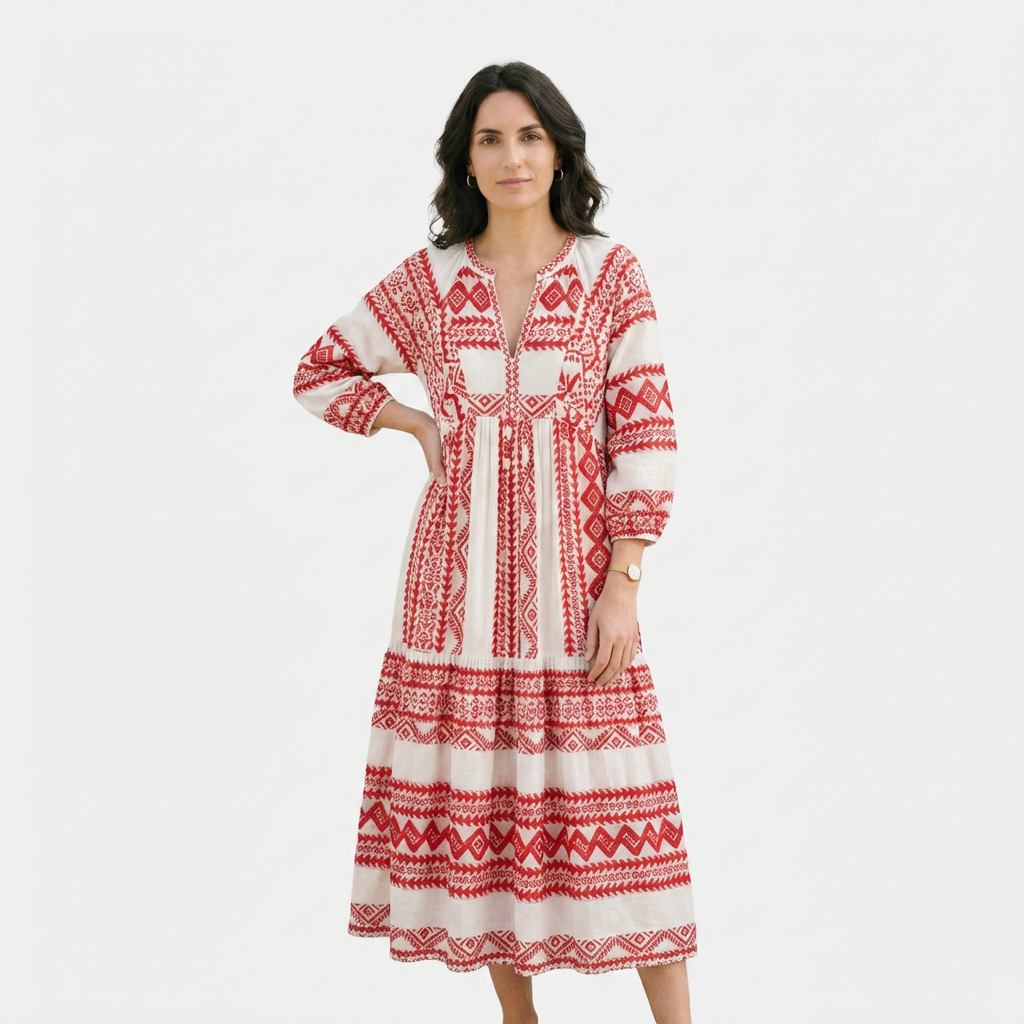 Rivaclo | Women's Vintage Printed V-Neck Dress – Fluid Maxi Bohemian Look