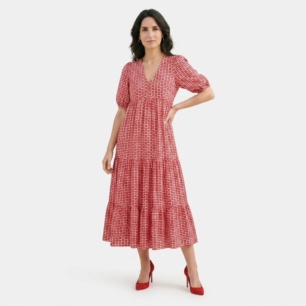 Rivaclo | Women's Vintage Printed V-Neck Dress – Fluid Maxi Bohemian Look