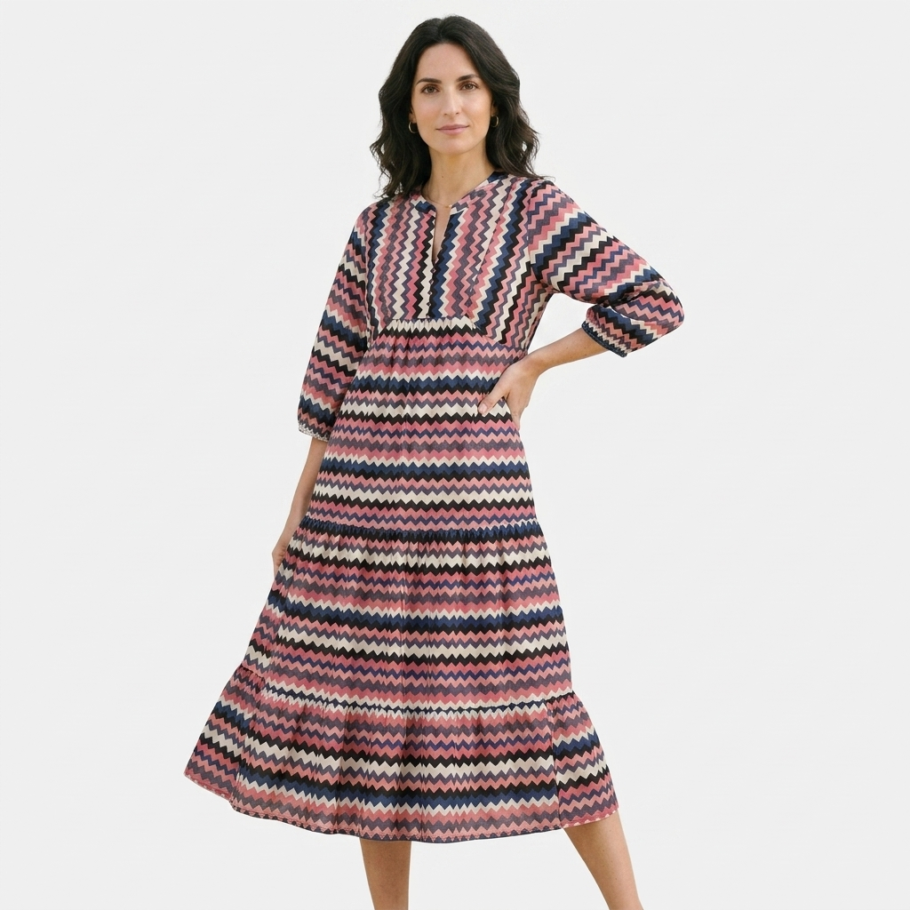 Rivaclo | Women's Vintage Printed V-Neck Dress – Fluid Maxi Bohemian Look