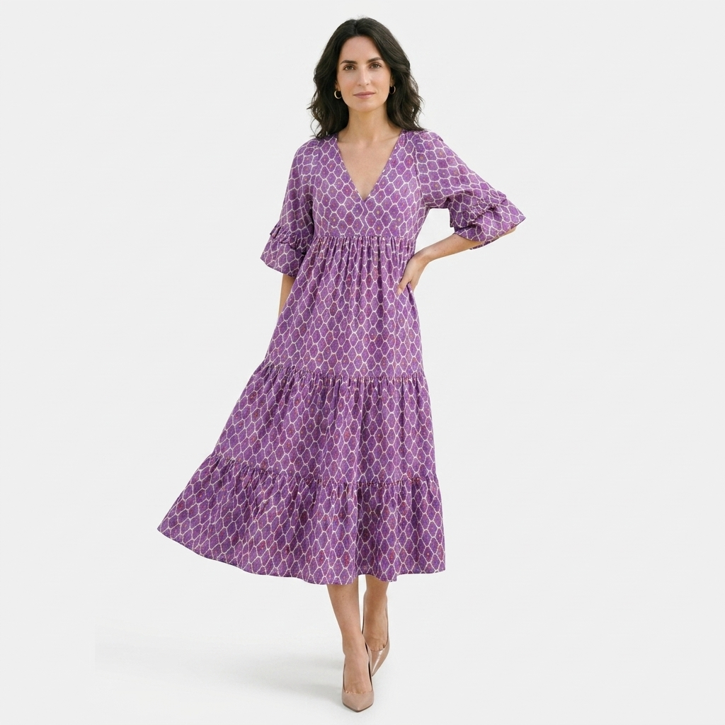 Rivaclo | Women's Vintage Printed V-Neck Dress – Fluid Maxi Bohemian Look