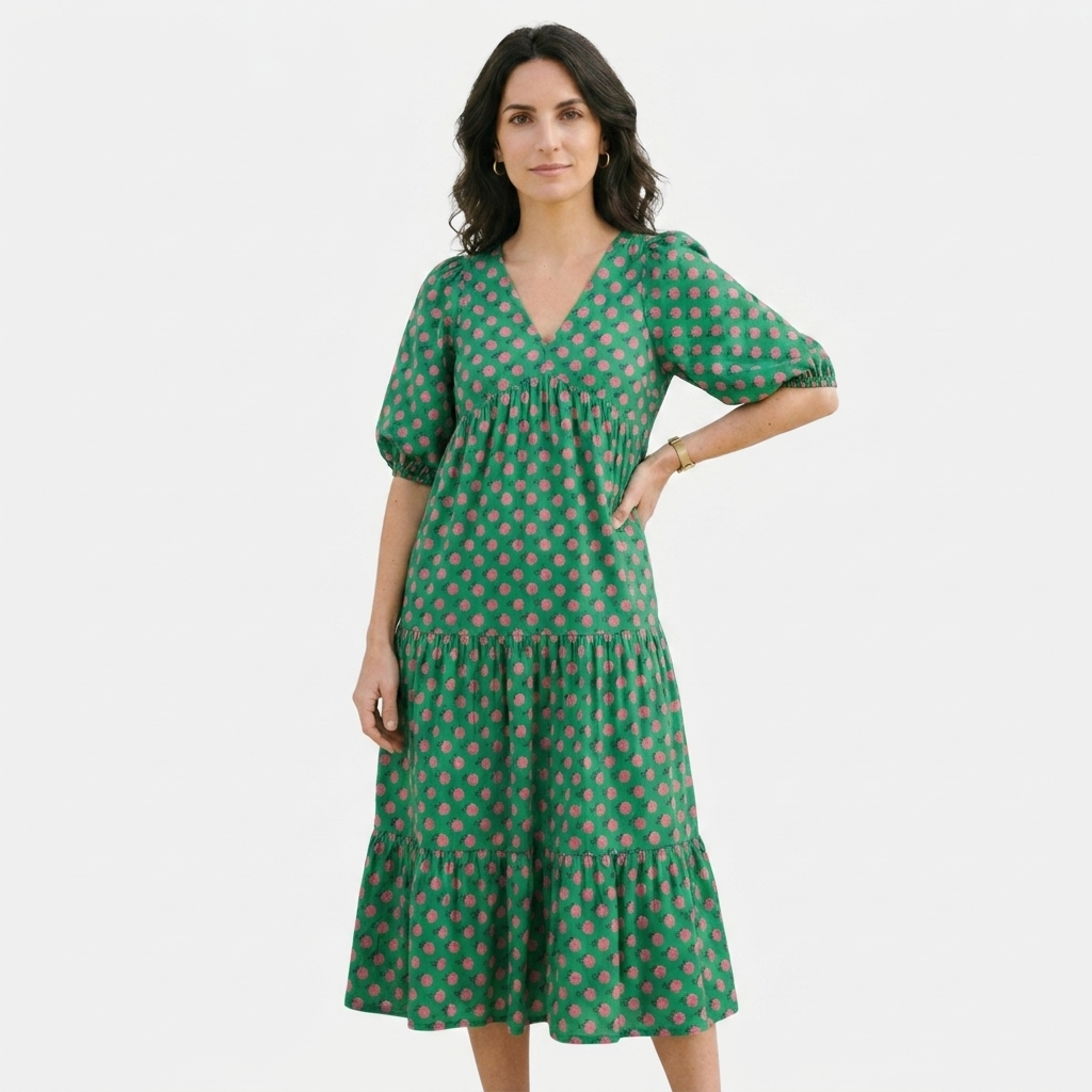Rivaclo | Women's Vintage Printed V-Neck Dress – Fluid Maxi Bohemian Look