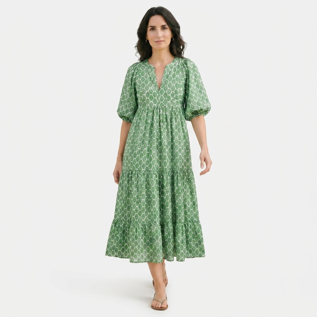Rivaclo | Women's Vintage Printed V-Neck Dress – Fluid Maxi Bohemian Look