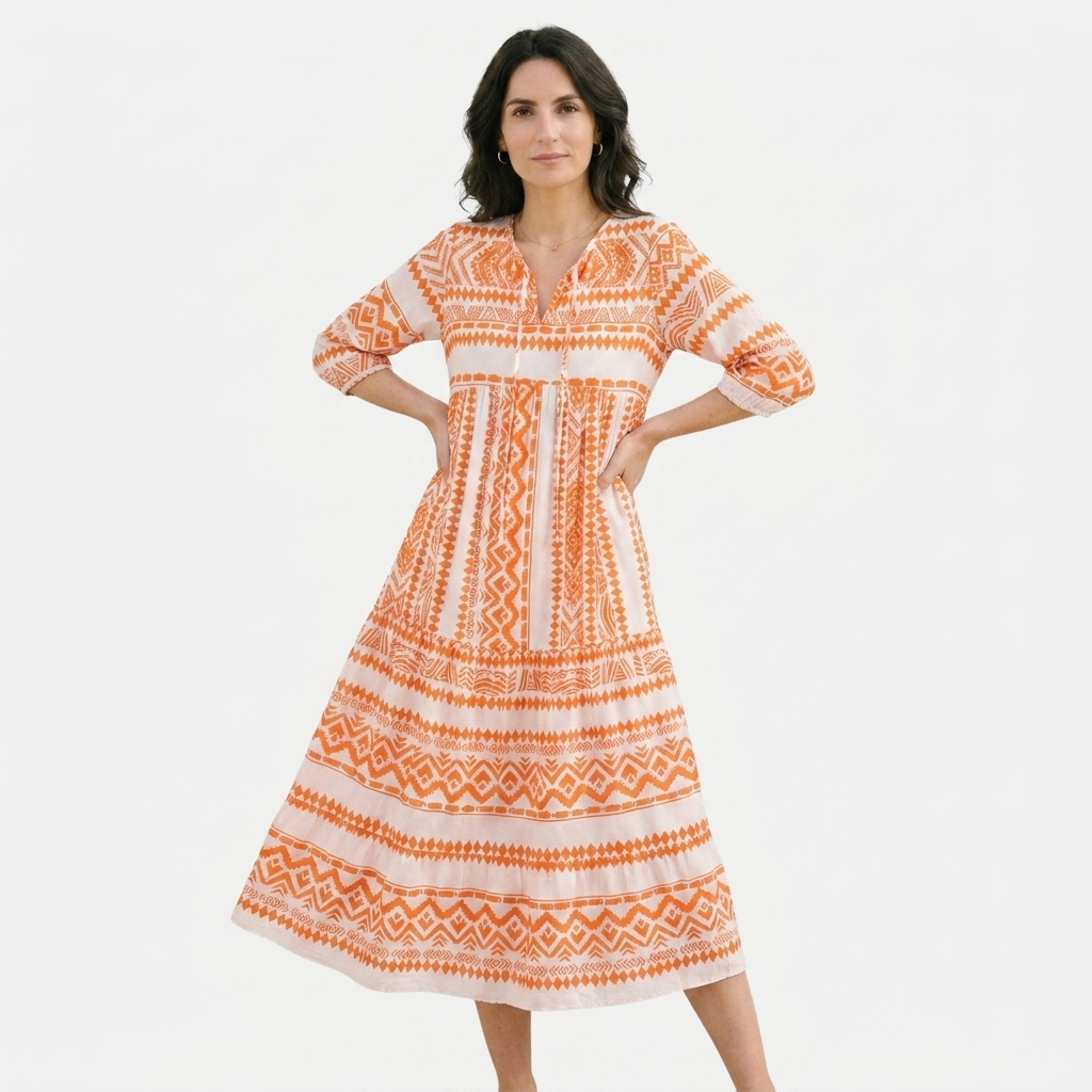 Rivaclo | Women's Vintage Printed V-Neck Dress – Fluid Maxi Bohemian Look