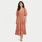 Rivaclo | Women's Vintage Printed V-Neck Dress – Fluid Maxi Bohemian Look