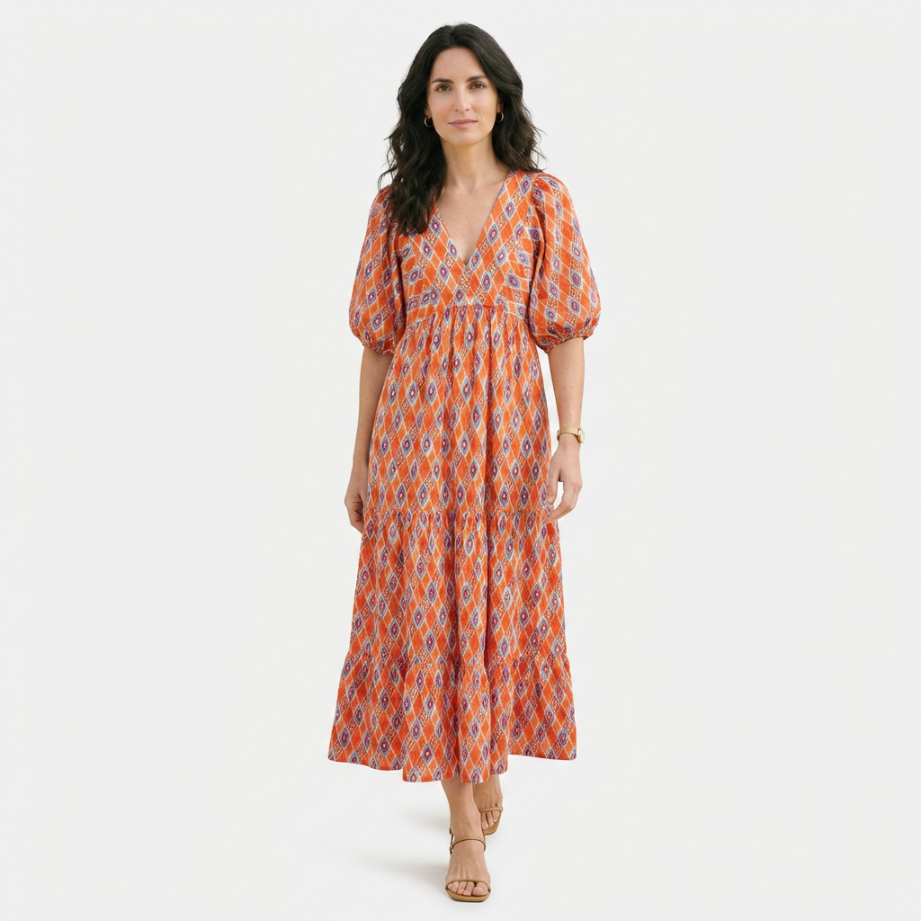 Rivaclo | Women's Vintage Printed V-Neck Dress – Fluid Maxi Bohemian Look