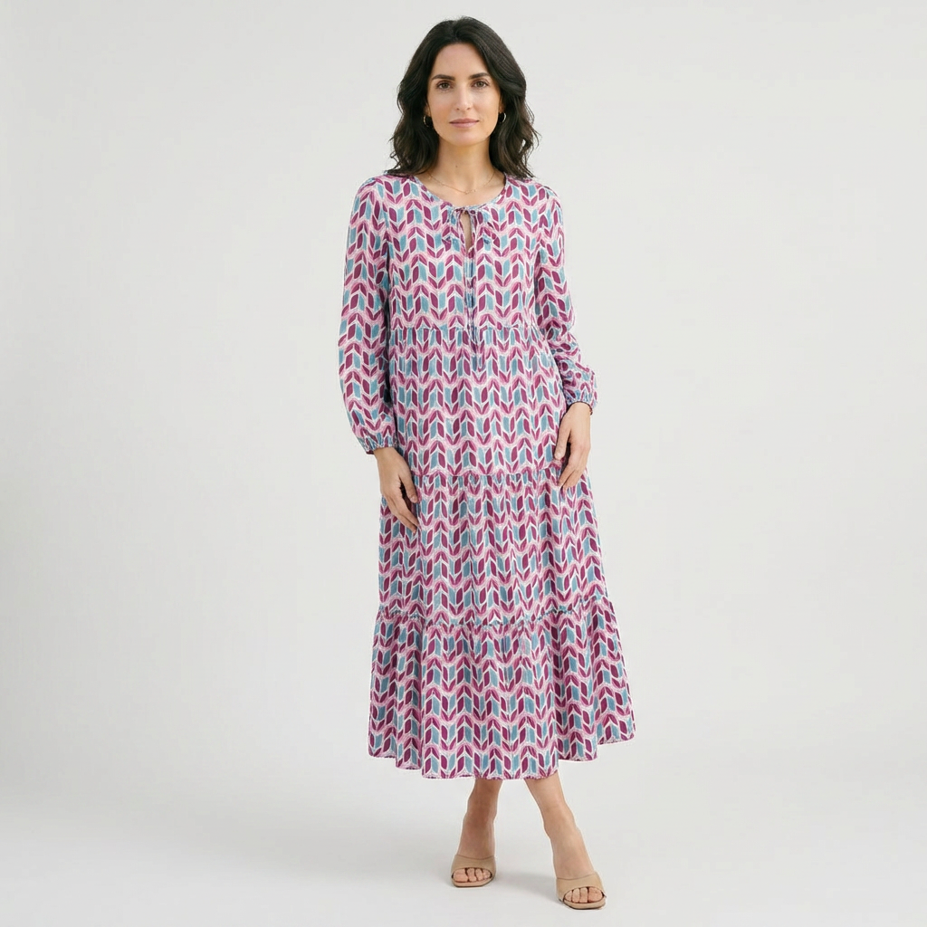 Rivaclo | Women's Vintage Printed V-Neck Dress – Fluid Maxi Bohemian Look