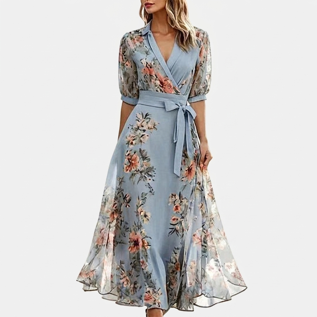 Rivaclo | Women's Printed V-Neck Short Sleeve Dress – Defined Waist