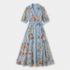 Rivaclo | Femme Robe Imprimée Col V Manches Courtes – Taille Définie