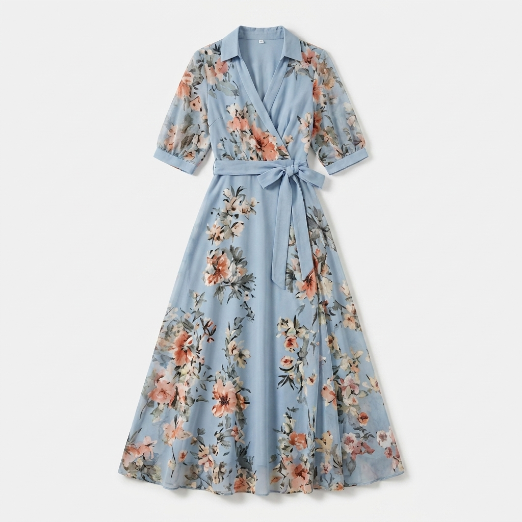Rivaclo | Women's Printed V-Neck Short Sleeve Dress – Defined Waist