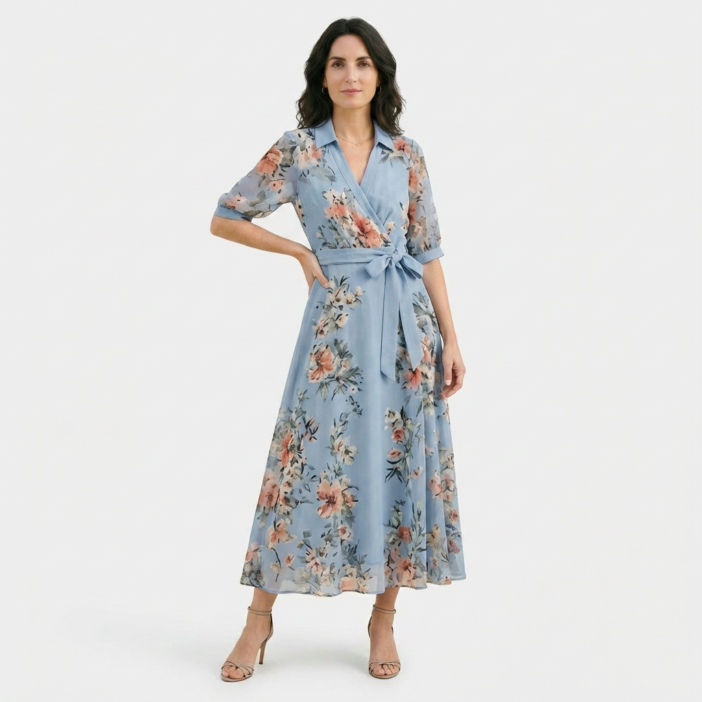 Rivaclo | Femme Robe Imprimée Col V Manches Courtes – Taille Définie