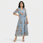 Rivaclo | Femme Robe Imprimée Col V Manches Courtes – Taille Définie