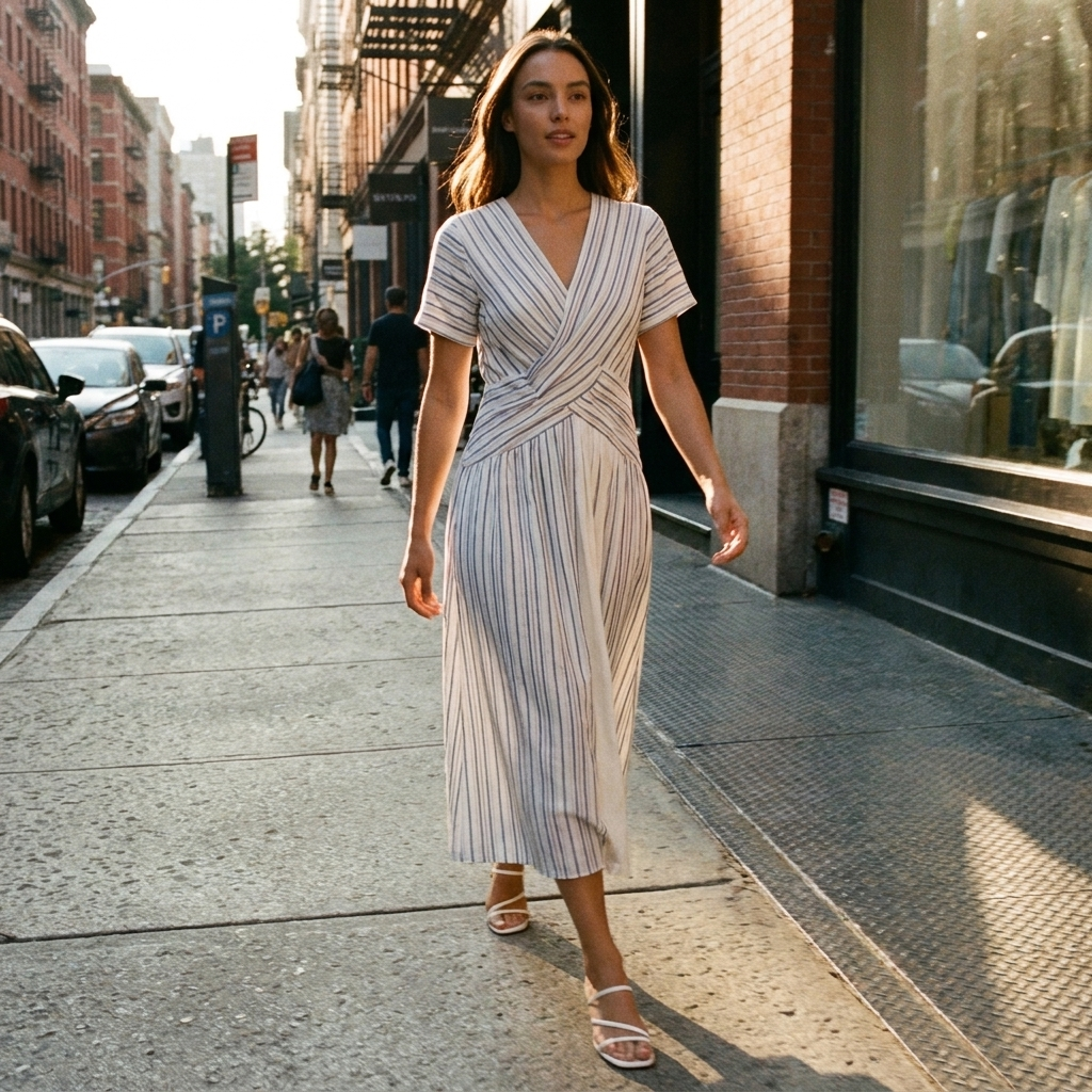 Rivaclo | Femme Robe Rayée Longueur Midi – Coupe Ample
