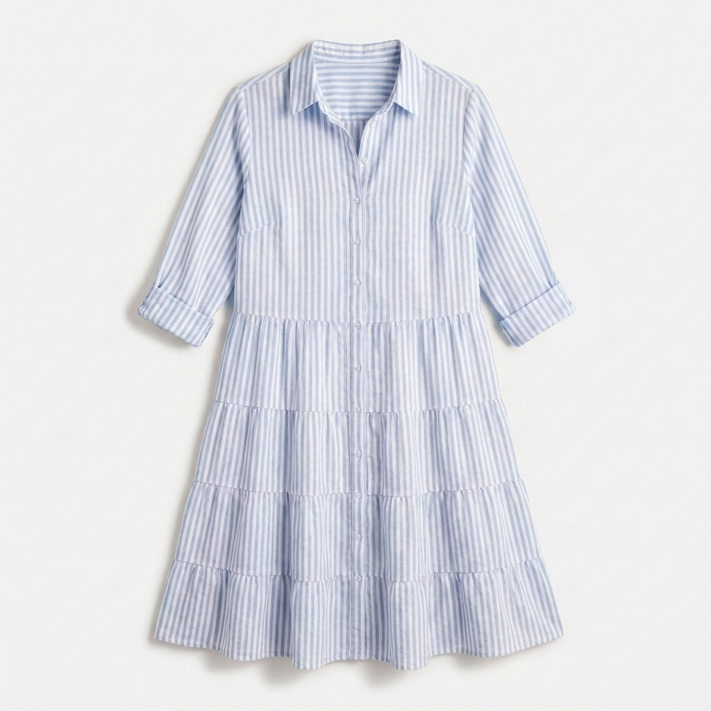 Rivaclo | Women's Striped Shirt Dress with Long Sleeves and Notched Collar – Button Detail