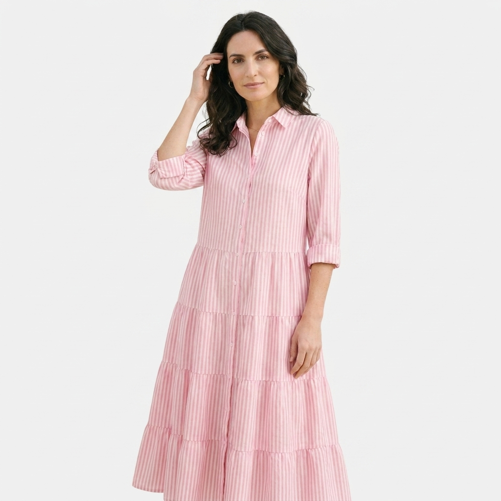 Rivaclo | Women's Striped Shirt Dress with Long Sleeves and Notched Collar – Button Detail
