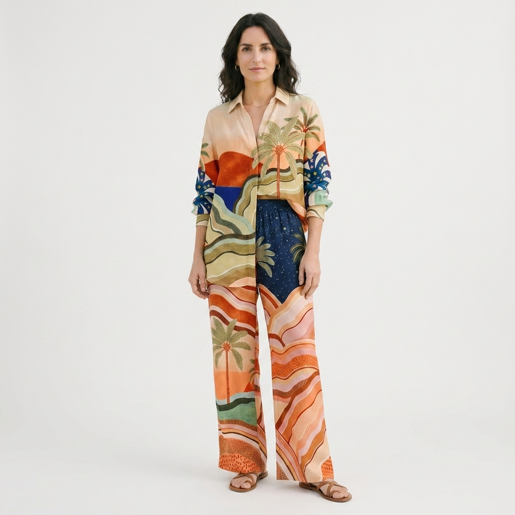 Rivaclo | Women's Coordinated Set with Wide Legs – Abstract Print