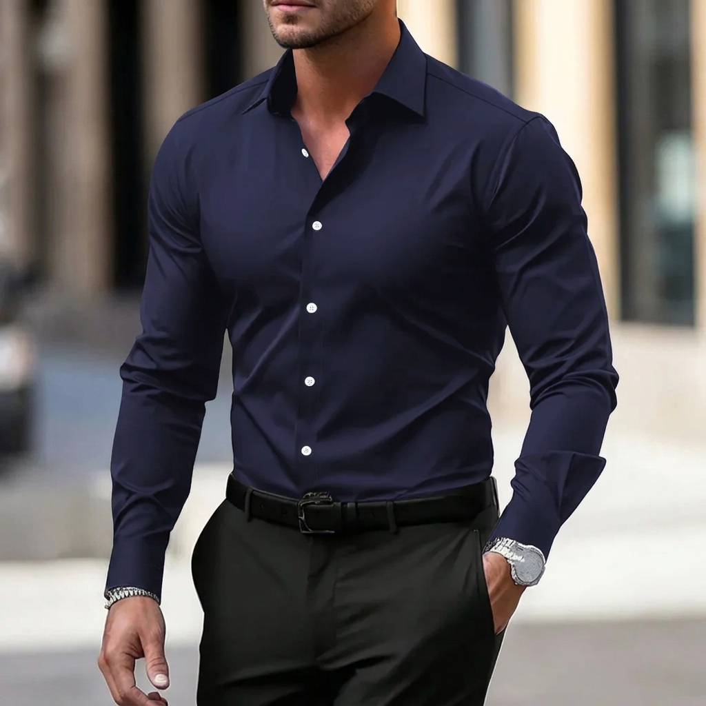 Chemise homme manches longues col velours — Bleu Marine