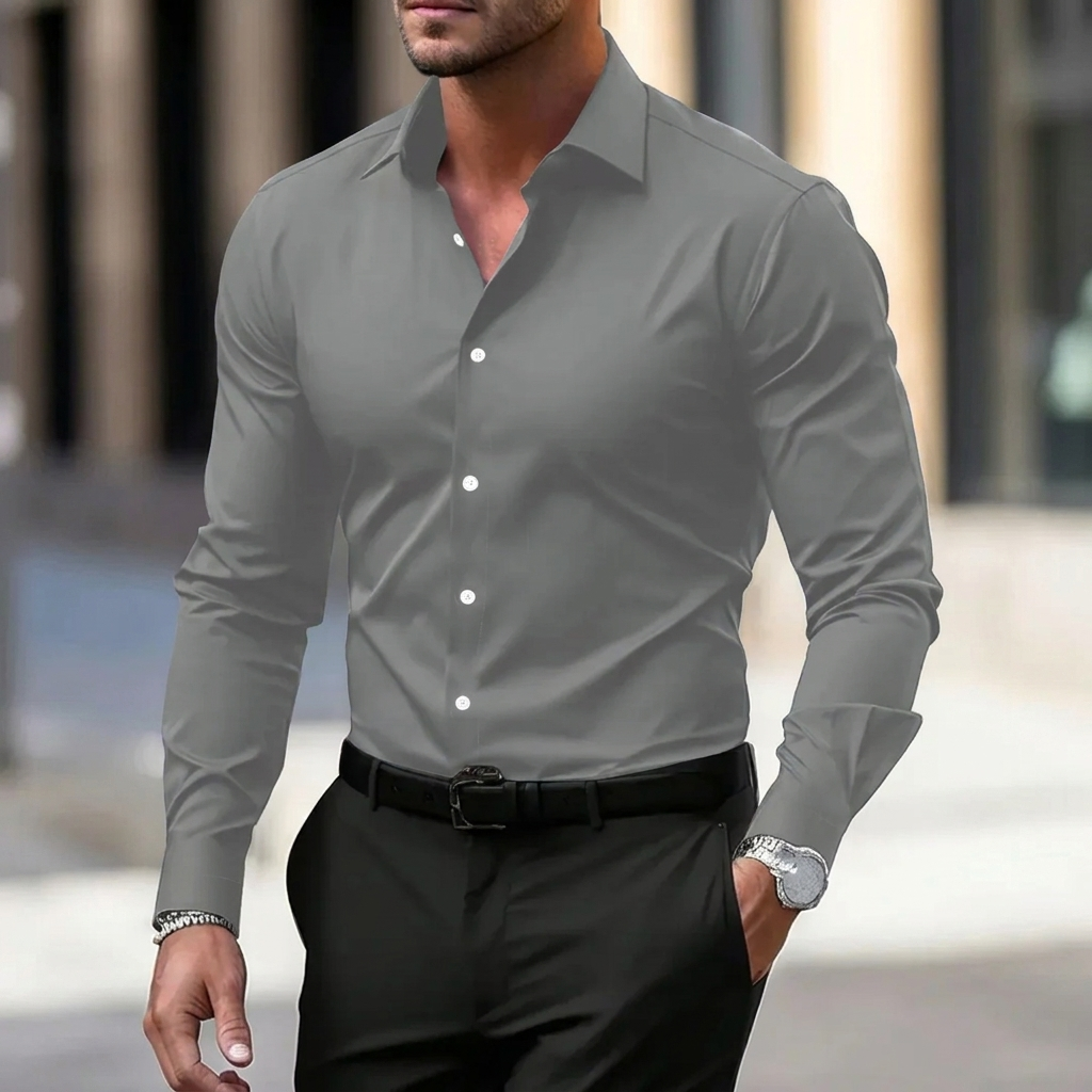 Chemise homme manches longues col velours — Gris Clair
