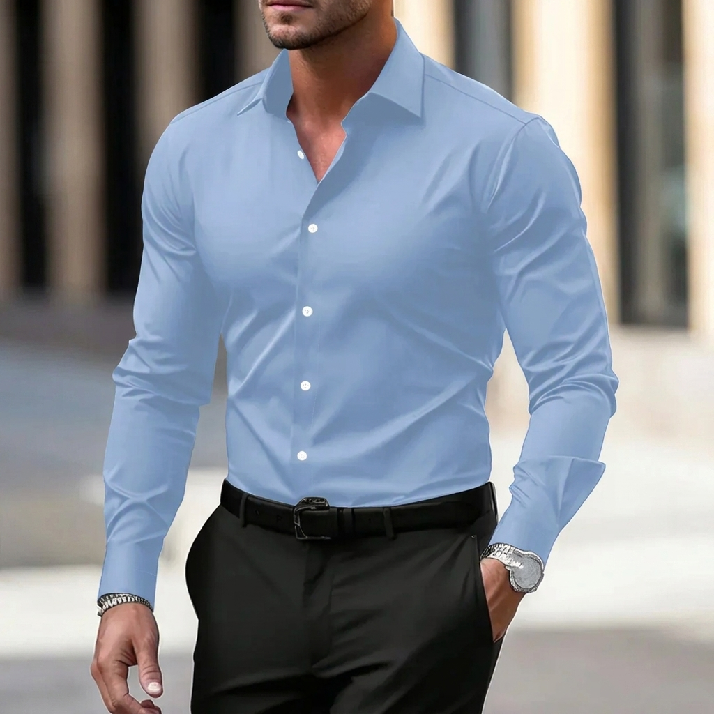 Chemise homme manches longues col velours — Bleu Ciel